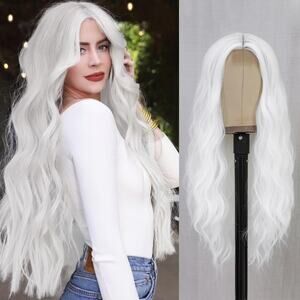 YBYMCAI Long White Wavy Wig – 26" Middle Part Cosplay Wig, Heat Resistant Modern